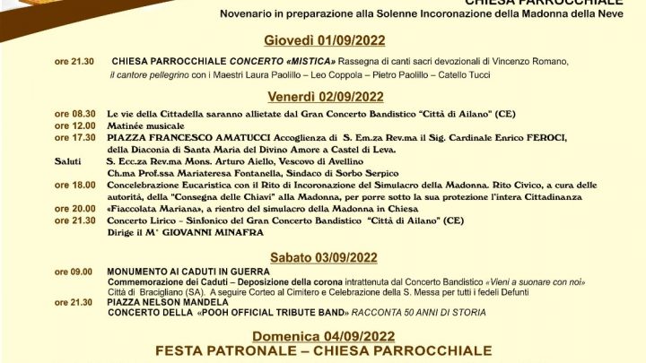 Domani 2 settembre a Sorbo Serpico si festeggia il centenario dell’incoronazione della Madonna della Neve 1922/2022