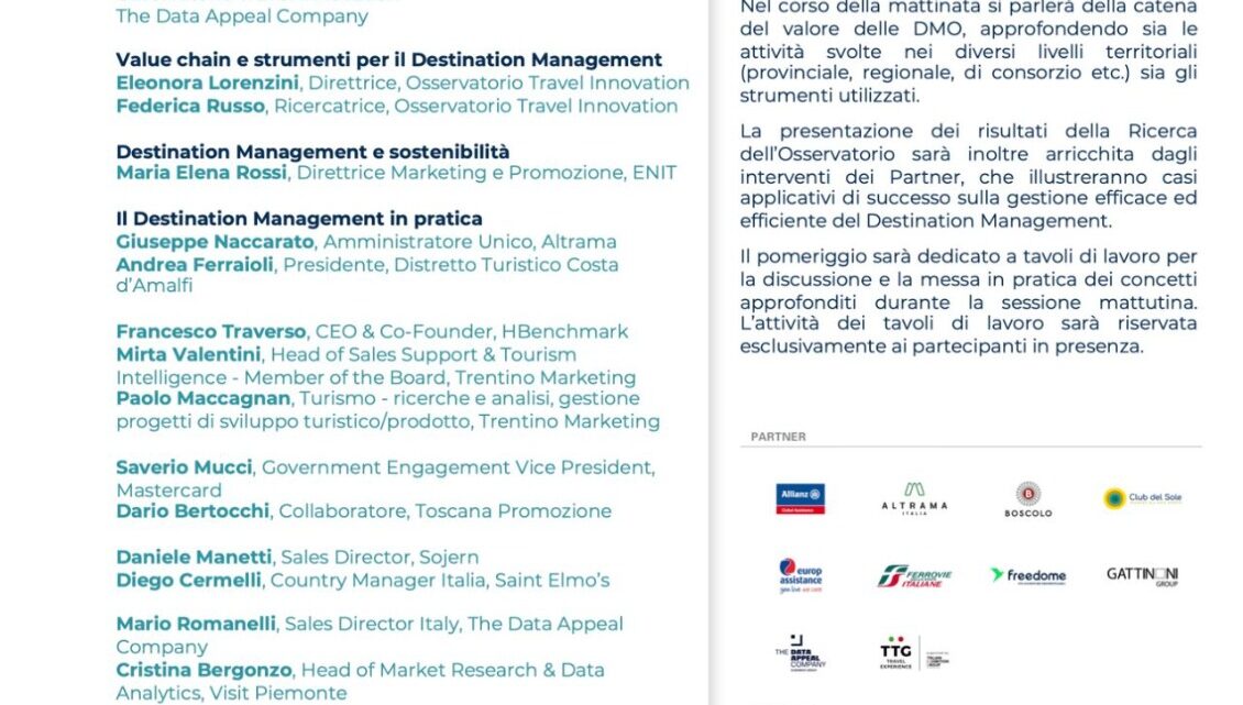 Il Distretto Turistico Costa d’Amalfi tra i protagonisti della prima tappa dell’Osservatorio Travel Innovation del Politecnico di Milano, domani a Firenze. Si parla di smart destination e DMO