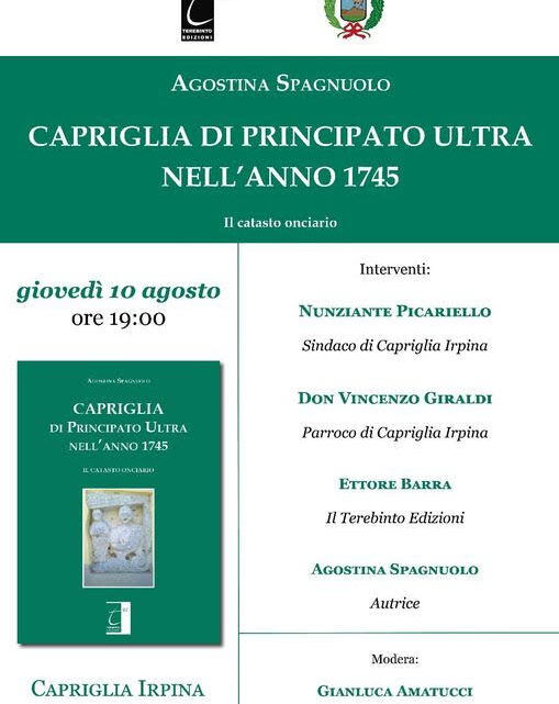 LA STORIA DI CAPRIGLIA RIVIVE NEL LIBRO DI AGOSTINA SPAGNUOLO, DOMANI SERA LA PRESENTAZIONE