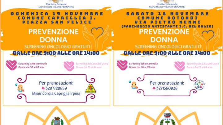 SCREENING ONCOLOGICI, I CAMPER DELL’ASL SABATO A ROTONDI E DOMENICA A CAPRIGLIA IRPINA