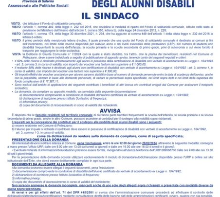 PELLEZZANO: AL VIA LE DOMANDE PER OTTENERE IL CONTRIBUTO PER IL SOSTEGNO ALLA MOBILITA’ SCOLASTICA DEGLI ALUNNI DISABILI