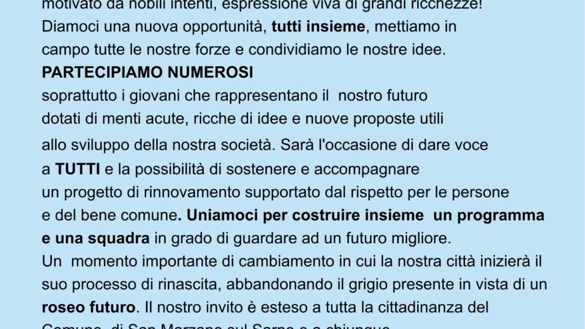 Il comitato civico “Vivi San Marzano” incontra la comunità di San Marzano sul Sarno. Assemblea venerdì 12 aprile alle 19 presso il ristorante Malaga. Il comitato civico “Vivi San Marzano” incontra la comunità di San Marzano sul Sarno. Assemblea venerdì 12 aprile alle 19 presso il ristorante Malaga.