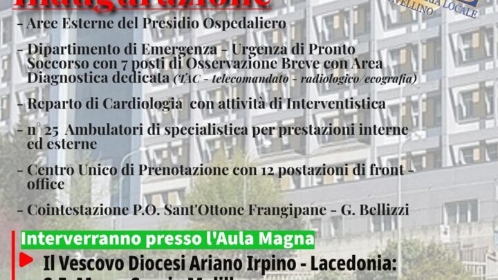 DOMANI DE LUCA AD ARIANO PER L’INAUGURAZIONE DELL’OSPEDALE FRANGIPANE-BELLIZZI