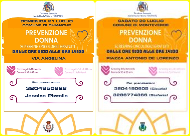 SCREENING ONCOLOGICI, I CAMPER DELL’ASL SABATO 20 LUGLIO SCREENING ONCOLOGICI, A MONTEVERDE E DOMENICA 21 LUGLIO A CHIANCHE