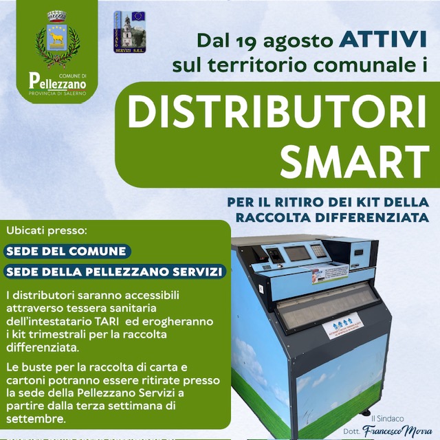 INNOVAZIONE NELLA RACCOLTA DIFFERENZIATA A PELLEZZANO CON L’ATTIVAZIONE DEI DISTRIBUTORI SMART A PARTIRE DAL 19 AGOSTO 2024 INNOVAZIONE NELLA RACCOLTA DIFFERENZIATA A PELLEZZANO CON L’ATTIVAZIONE DEI DISTRIBUTORI SMART A PARTIRE DAL 19 AGOSTO 2024