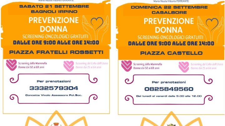 SCREENING ONCOLOGICI, I CAMPER DELL’ASL SABATO 21 SETTEMBRE A BAGNOLI E DOMENICA 22 SETTEMBRE A CASALBORE