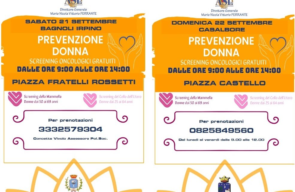 SCREENING ONCOLOGICI, I CAMPER DELL’ASL SABATO 21 SETTEMBRE A BAGNOLI E DOMENICA 22 SETTEMBRE A CASALBORE SCREENING ONCOLOGICI, I CAMPER DELL’ASL SABATO 21 SETTEMBRE A BAGNOLI E DOMENICA 22 SETTEMBRE A CASALBORE