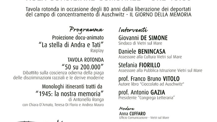 Vietri sul Mare celebra il Giorno della Memoria con l’evento “Per non dimenticare” Lunedì 27 gennaio 2025, ore 18:30
