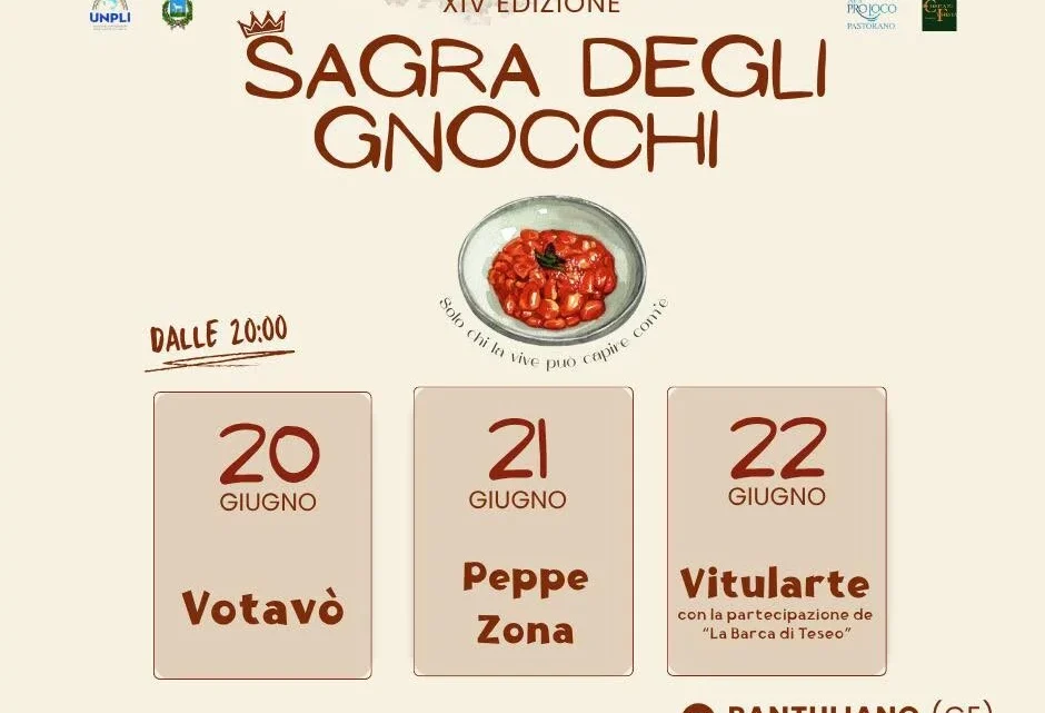 Pantuliano si prepara a deliziare i palati con la 14ª Sagra degli Gnocchi: un weekend di gusto e tradizione dal 20 al 22 giugno 2025