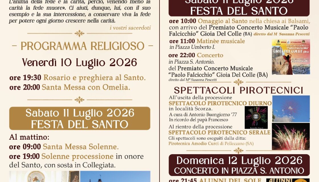 Solofra celebra Sant’Antonio di Padova: tre giorni di fede, musica e tradizione Solofra celebra Sant’Antonio di Padova: tre giorni di fede, musica e tradizione