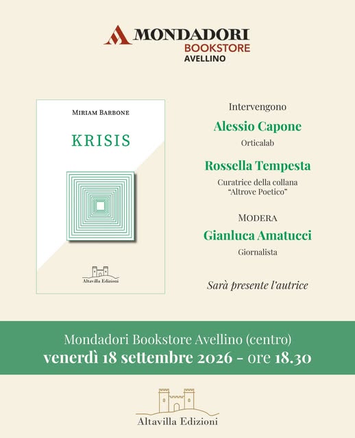 Libri: Miriam Barbone presenta la silloge poetica “KRISIS” alla Mondadori di Avellino Libri: Miriam Barbone presenta la silloge poetica “KRISIS” alla Mondadori di Avellino